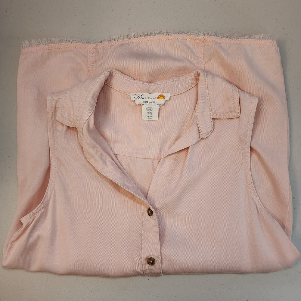 C&C California 100% Lyocell Sleeveless Shirt Pink XS Coastal Raw Hem